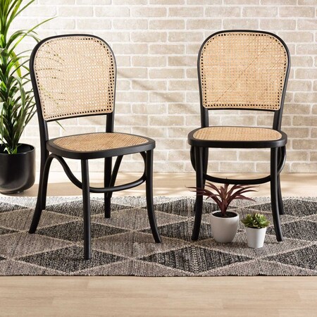 Baxton Studio Cambree Mid-Century Brown Woven Rattan and Black Wood 2-Piece Cane Dining Chair Set PR 195-2PC-12383-ZORO